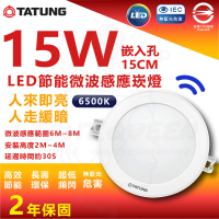 【TATUNG 大同】3入組 15W 15cm LED節能感應崁燈 微波感應(白光 6500K 即亮緩暗)
