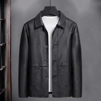 Autumn Winter Outwear Stylish Men's Fleece-lined Faux Leather Jacket Lapel Long Sleeve Pockets Ideal for Autumn/winter