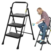 Step Ladder Ergonomic Step Stool with Handle Foldable Ladder Non-slip 3-Step Portable Step Ladders Wide Pedals Closet Stool