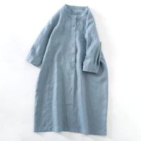 【ACheter】棉麻連身裙純色圓領休閒襯衫式寬鬆顯瘦七分袖洋裝#116510(3色)