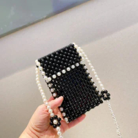 Women's Bag 2022 New Black White Pearl Flower Chain Phone Bag Shoulder Messenger Bag Summer Jelly Purse Little Bag Crossbody