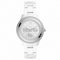 送禮首選★【FOSSIL】Stella 晶鑽錶圈三眼女錶 白陶瓷錶帶38MM/CE1113【美國時尚品牌】  附提袋【全館滿額折價★FOSSIL全系列包夾送美妝蛋】