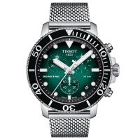 Tissot 天梭Seastar系列 海星300三眼計時潛水腕錶-45mm/漸層綠米蘭帶