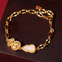 Original design natural Hotan jade gourd bracelet for women Ancient gold craft Exquisite flower charm bangles wedding jewelry