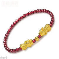 Fine Pure 999 24K Yellow Gold Garnet Beads Women 3D Pixiu Bead Bracelet