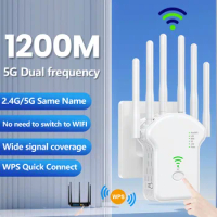 1200Mbps 5GHz Wireless WiFi Repeater WiFi Signal Booster Dual-Band 2.4G 5G WiFi Extender 6 Antenna Network Amplifier WPS Router