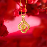 Antique Four Leaf Grass Fu Necklace Pure 14K Yellow Gold Pendant Necklace 999 Gold Color Chain for Women Jewelry Christmas Gifts