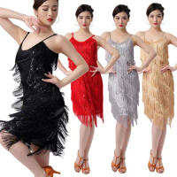 Women Sexy Tassel Latin Dress Tiered Fringe Flapper Dress Evening Nightclub Dancing Fancy Costumes C-Neck Sequin Dress