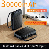 30000 Mah Solar Power Bank Thin Light Comes With Four-wire External Battery Portable Daily Power Bank For Apple Xiaomi Samsung