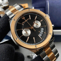 【MASERATI 瑪莎拉蒂】MASERATI手錶型號R8873627004(黑色錶面玫瑰金錶殼金銀相間精鋼錶帶款)