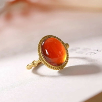 七寶水晶石榴石紅瑪瑙鍍金女士中式時尚流行簡約復古開口戒指指環