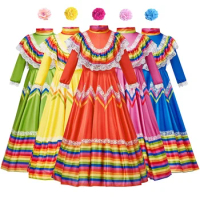 Boho Traditional Mexican Dancer Dresses Girls Vintage Mexico Style Folk Festival Long Dress School Stage Performance Costumes
