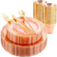 150pcs Pink Gold Plastic Plates, Pink Plastic Plates with Gold Glitter, Gold Plastic Silverware with Glitter, Pink