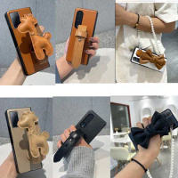 Z Fold4 Case Fashion Cute DIY Wrist Strap Giraffe Bow Pearl Chain Phone Case For Samsung Galaxy Z Fold 3 Case Z Fold 5 2 1 Cover