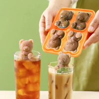 4 Grid Ice Cube Tray Cute Bear Shape Ice Block Mold Silicone Ice Maker Ice Cream Tool Frozen Ice Ball Ice Box Ice Mould with Lid