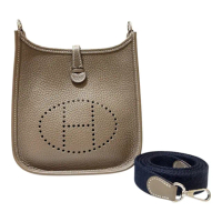 【Hermes 愛馬仕】MINI EVELYNE 大象灰 白車線 藍背帶/D刻(MINI EVELYNE/大象灰白車線/D刻)