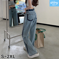 【V3982】shiny藍格子-時尚風潮．撞色垂感微闊腿高腰牛仔褲