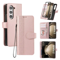 Wrist Strap Leather Phone Case for Samsung Galaxy Z Fold 6 5 4 Fold6 Fold5 Fold4 Fold3 Wallet with Card Holder Protective Cover