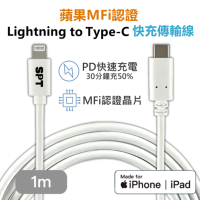 Apple MFi認證 PD快充傳輸線 1公尺 Lightning to Type-C iPhone充電線