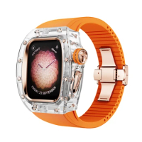 For Apple Watch Accessories 45mm 44mm K9 Crystal Transparent Case Fluororubber Rubber Strap for iWatch 9 8 7 6 5 4 Se orange