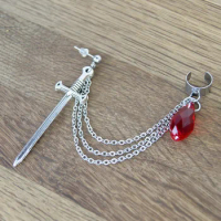 Single Earring Sword earring with chain and red crystal Goth earring cuff Bloody dagger earring