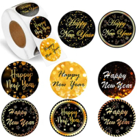 100-500pcs Happy New Year Stickers 8 Designs 1.5'' Round Black Gold Labels Stickers for Christmas Gift Cards Envelopes Boxes