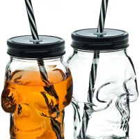 Skull Glass Mason Jar Mug Tumbler Cup With Lids And Straw Skull Face Glass Wide Mouth Mason Jar Drinking Glasses Single jar 16oz