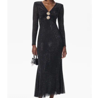 Tesco French Women's Elegant Long Dresses Black V-Neck Sexy Slim Fit Dress Rhinestone Luxury Evening Party Dress Gown vestidos