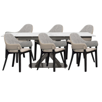 文創集 羅可4.7尺可伸縮岩板實木餐桌椅組合(一桌六椅組合＋餐椅二色可選)-140-200x90x75cm免組