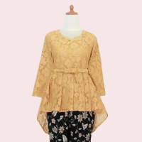 Atasan Kebaya Modern Model Aurora Bahan Brukat Premium Warna Gold Wanita Dress Panjang Putih Mewah P