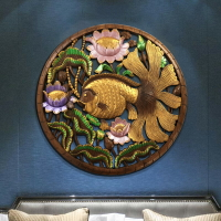 異麗家居泰國柚木雕花板玄關壁掛鯉魚雕花板鏤空雕板墻飾實木雕板