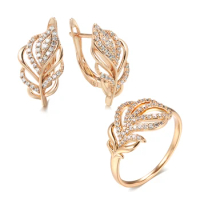 Kinel Hot 585 Rose Gold Women Earring Ring Sets Fashion Natural Zircon Flower Vintage Earring Ring Gift Daily Fine Jewelry Set