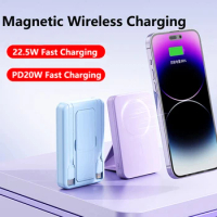 10000mAh Magnetic Qi Wireless Charger Power Bank for iPhone 15 14 Xiaomi Samsung 22.5W Fast Charging Powerbank with Cable Holder