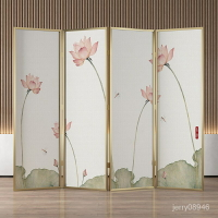 新中式折屏輕奢金屬屏風折疊可移動家用玄關客廳臥室裝飾荷花蓮花