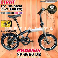 Sepeda Lipat 16" Inch PHOENIX NP-6650 DB, Frame Steel, 7 Speed, Rem Cakram, Folding Bike New Black