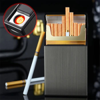 Fine Smoke Cigarette Case 20pcs Capacity Slim Cigarette Holder with USB Rechargeable Lighter Metal Cigarette Case Gift for Men