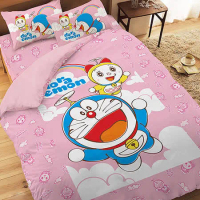 【享夢城堡】哆啦A夢 天空漫遊系列-精梳棉雙人床包涼被組(粉)