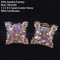 Real 10K Solid Gold Women Stud Earrings Square 0.5 1 2 3 4 5 Ct Round Moissanite Diamond Screw Back Earrings 8 Claws Trendy