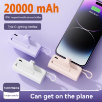 20000mAh Mini Power Bank Portable External Battery Type-C Lightning Built In Cable Powerbank High Capacity Charging For iPhone