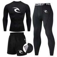3 Pcs Set Men Compression Tshirt+Pants Sport Suits Running Sets Quick Dry Sportswear Training Gym Fitness Tracksuits S-4XL