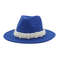 Women Hats New Fedora Wide Brim Band Belt Pearl Panama Fedora Formal Church Wedding Luxury Fedora Felted Hats Sombreros De Mujer