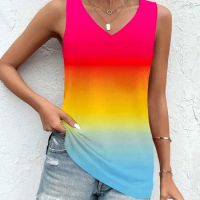 Mugen Rainbow Color Tank Top Sleeveless Casual V-Neck T-Shirt Loose Vest 2024 Women's Clothing Summer Short Tops Polyester New