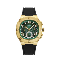【GUESS】金框 綠面 三眼日期顯示 圓角方型 黑色矽膠錶帶 男錶 手錶 情人節(GW0571G3)