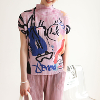 3783 One Size (45-75kg) Sanzhai Pleated Summer Graffiti Printing Batwing Sleeve Loose Casual Half Tu