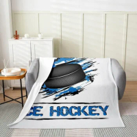 Ice Hockey Bed Blanket,Blue Black Graffiti Hockey Flannel Blanket for Room Decor,Hockey Stadium Fleece Blanket for Kids