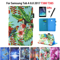 Fashion Print Case For Samsung Galaxy Tab A 8.0 SM-T380 T385 2017 8.0 inch Smart Cover Funda Tablet PU Leather Shell+Film+Pen