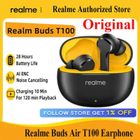 Original Realme Buds T100 TWS Earphone Bluetooth 5.3 AI Niose Cancelling Wireless Headphone 28 Hour Battery For realme Waterproo