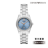 【EMPORIO ARMANI 官方直營】Federica 莫蘭迪藍環鑽女錶 銀色不鏽鋼錶帶手錶 32MM AR11593
