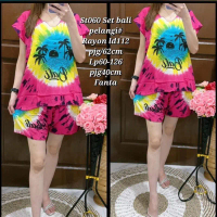 New Setelan baju bali abstrak pohon kelapa bahan rayon adem XL dan XXL Pendek Piyama Dewasa Motif Wa