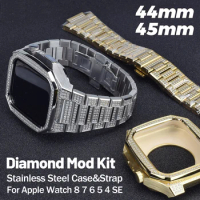 Stainless Steel Band Diamond Case for Apple Watch 45mm 44mm Luxury Modification Kit Metal Case Link Bracelet iWatch 8 7 6 5 4 SE